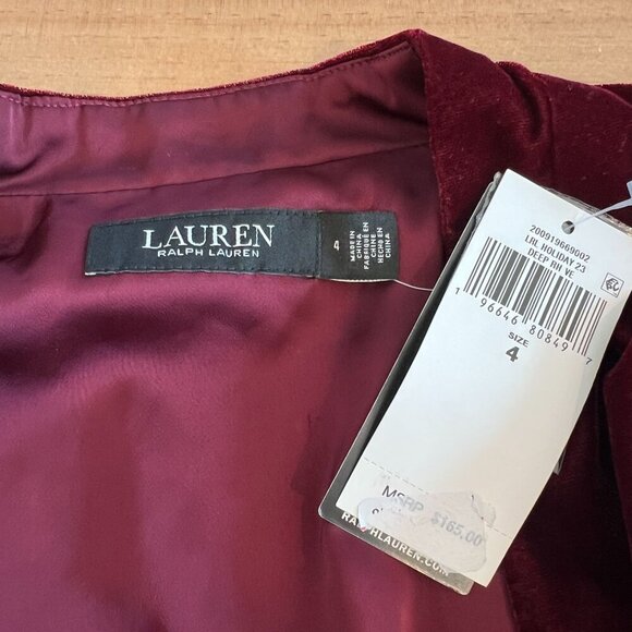 Lauren Ralph Lauren Black Label Velvet Top Sz 4 Deep Red Plunging V Neck - Picture 6 of 8